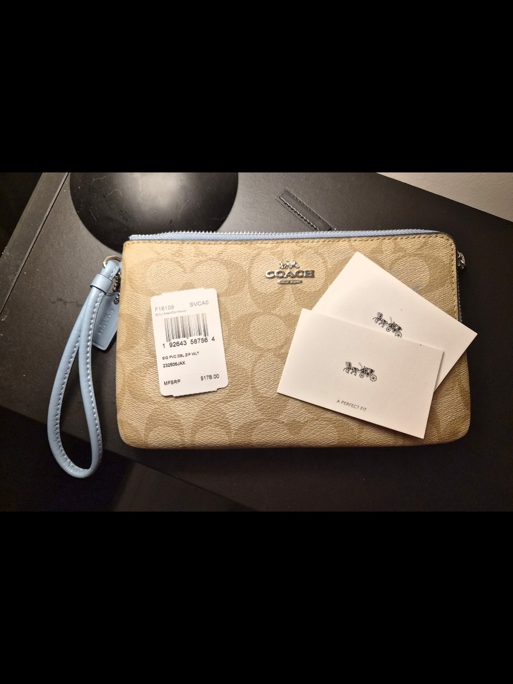 NWT Coach Signature Wristlet in Khaki with Light Blue Trim